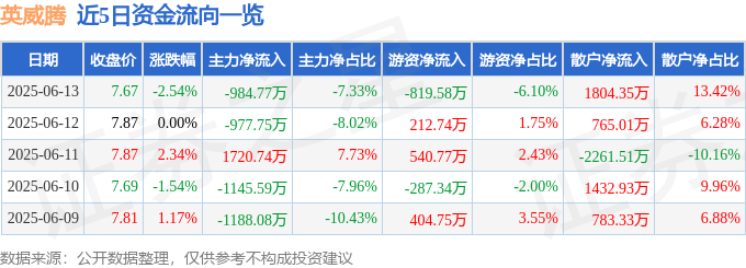 股票行情快报：英威腾（002334）6月13日主力资金净卖出984.77万元